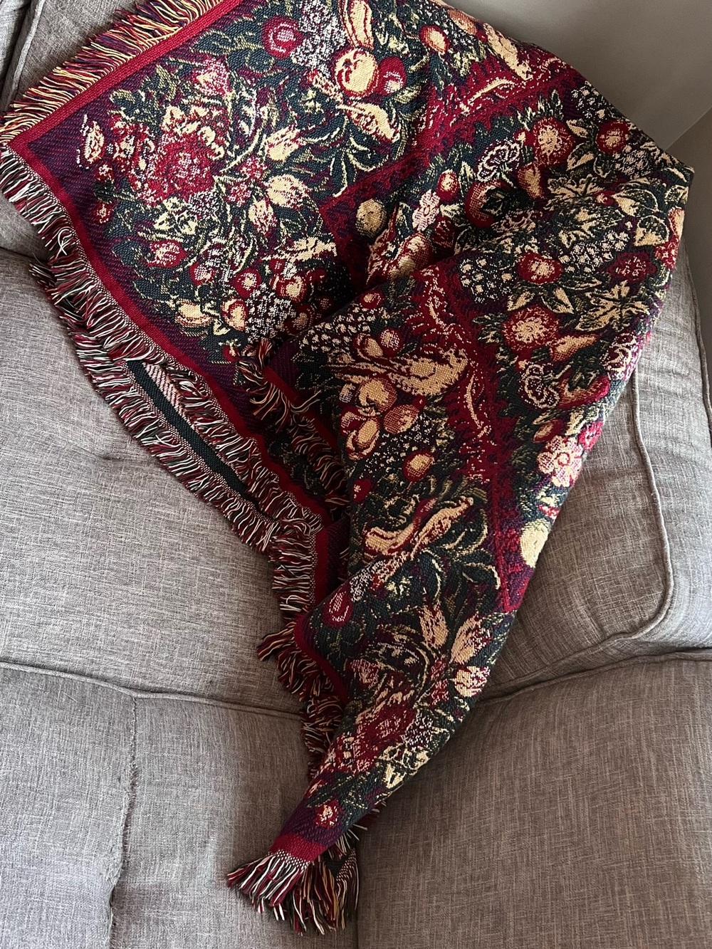 Woven Cotton Throw Blanket in Red and Green floral design